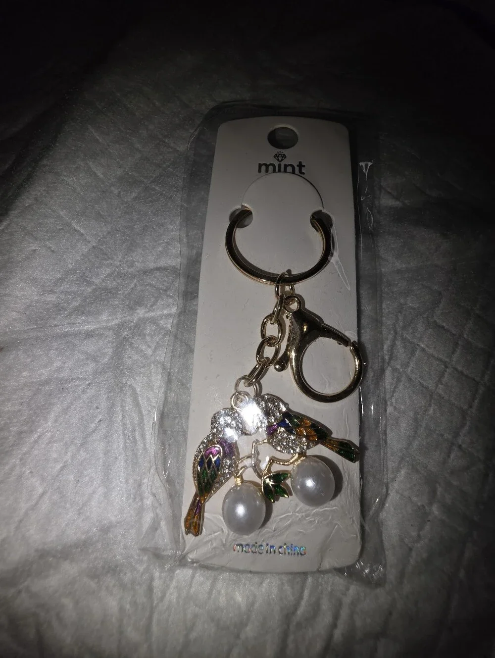 Gold-Tone Bird Bag Charm And Keychain with Pearl Drops